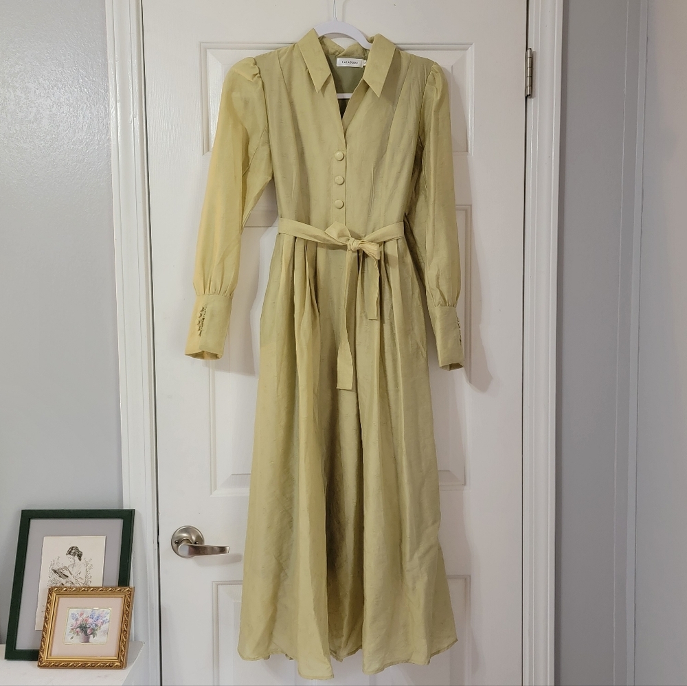 Womens Lapel Collar Green Midi Dress Modest Feminine